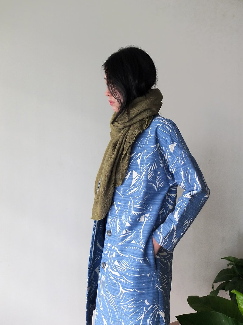Palm Coat Turkey Blue Printed Spring and Autumn Buttoned Nine-Sleeve Coat Tailor-made - Women's Casual & Functional Jackets - Cotton & Hemp 