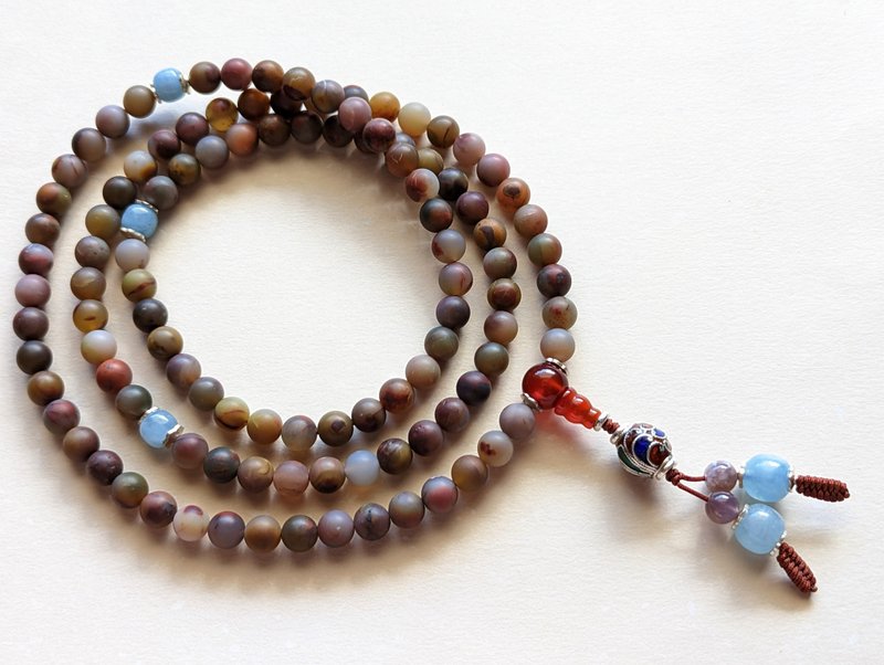 ORLI Jewelry 天然鹽源瑪瑙108顆念珠 老礦鹽源瑪瑙 海藍寶桶珠 - 項鍊 - 半寶石 卡其色