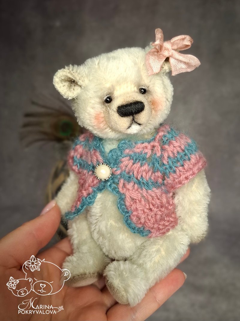 Cute mohair bear toy Handmade teddy bear Dressed bear New year gift - Stuffed Dolls & Figurines - Other Materials Gray