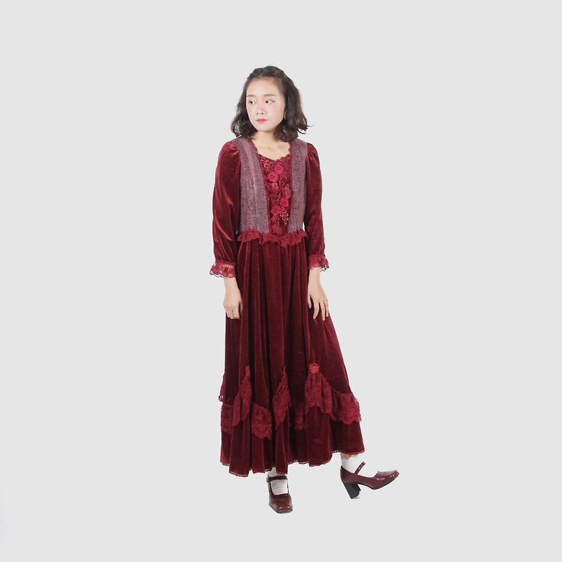 【蛋植物古著】紅酒古堡天鵝絨長版古著洋裝 - 洋裝/連身裙 - 棉．麻 