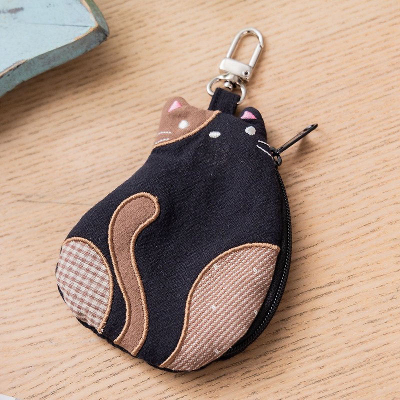 Back Cat Patchwork Charm/Key/Change/Small Object Storage Bag【820380】 - Wallets - Cotton & Hemp Black