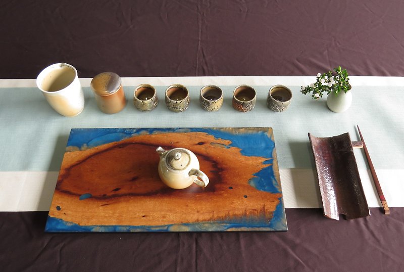 HO MOOD deconstruction series-hand-made wood imitation stone tea tray - Coasters - Wood Gold