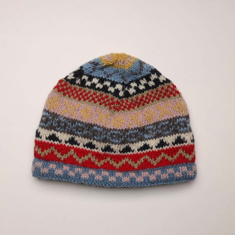 Hand-knitted half-lined windproof fur hat with melon skin totem color pure wool thread | Exchange gift box | Christmas gift - Hats & Caps - Wool Multicolor