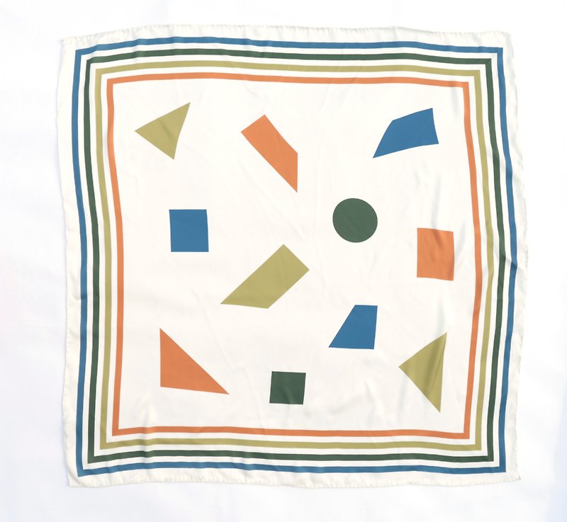 NoMatch does not conform to the design original geometric color stripe beige printing imitation silk scarf square - ผ้าพันคอ - เส้นใยสังเคราะห์ ขาว