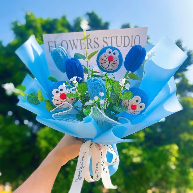 手工鉤針機器貓主題花束新奇居家擺件新奇居家擺件 - 乾燥花/永生花 - 棉．麻 藍色