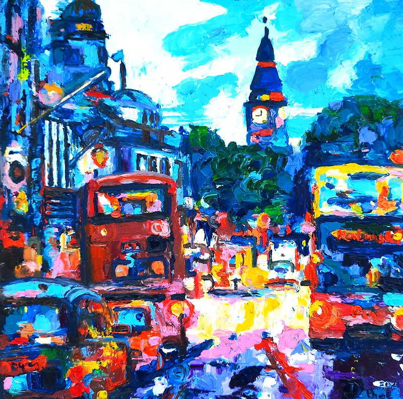 London Painting Original Art London Streets Impasto Oil Painting by OlgaShel - Posters - Cotton & Hemp Blue