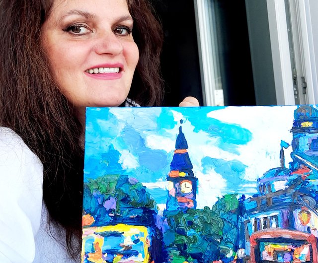 ロンドン絵画オリジナルアートロンドンストリートインパスト油絵