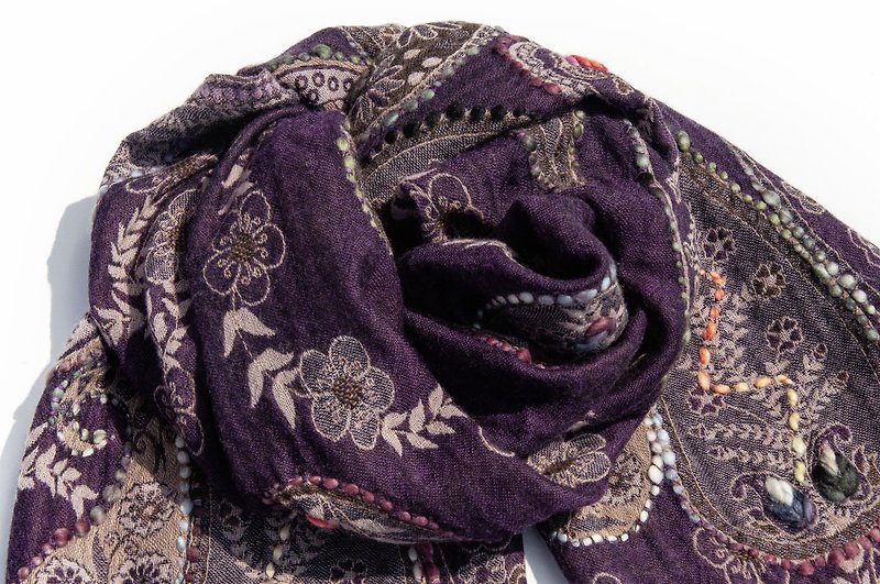 喀什米爾Cashmere/刺繡圍巾/水煮羊毛披肩/針織圍巾/羊絨披巾-花 - 圍巾/披肩 - 羊毛 紫色