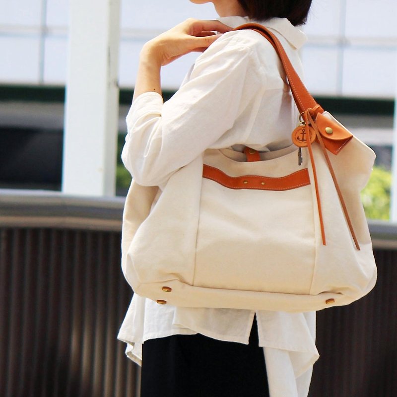 tanton-生成　倉敷帆布×レザートートバッグ - 手袋/手提袋 - 棉．麻 白色