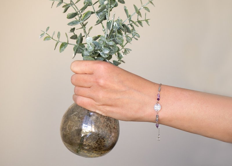 May birthstone, Gemini bracelet, Fluorite, 925 silver, Mother's day gift - 手鍊/手環 - 寶石 多色
