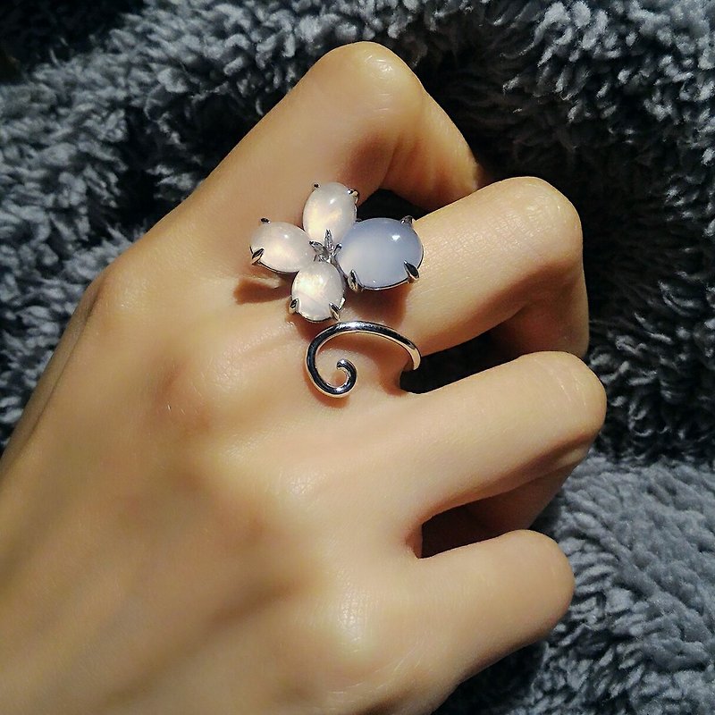 Rose Quartz Blue Chalcedony Clover 18KW Plated Silver Open Ring - General Rings - Semi-Precious Stones Pink