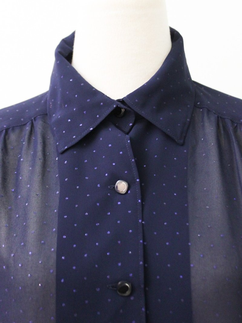 Retro little sequins dark blue long sleeve vintage shirt - special Vintage Blouse - Women's Shirts - Polyester Blue