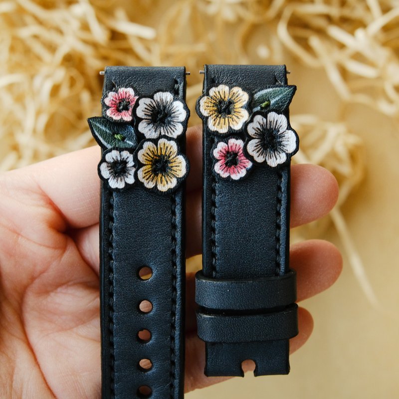 Apple Flower Band皮革手錶錶帶 - 錶帶 - 真皮 黑色
