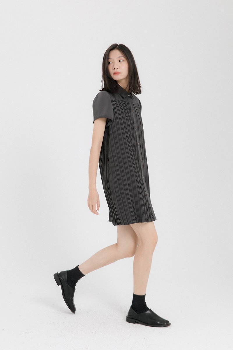 黑灰色 褶皺設計 襯衫式洋裝 顯瘦設計感連衣裙 - 連身裙 - 聚酯纖維 