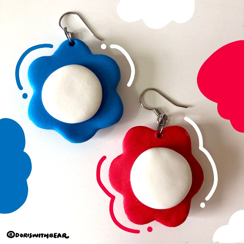 \ Blue and red big flower| earrings/ - Earrings & Clip-ons - Clay Multicolor