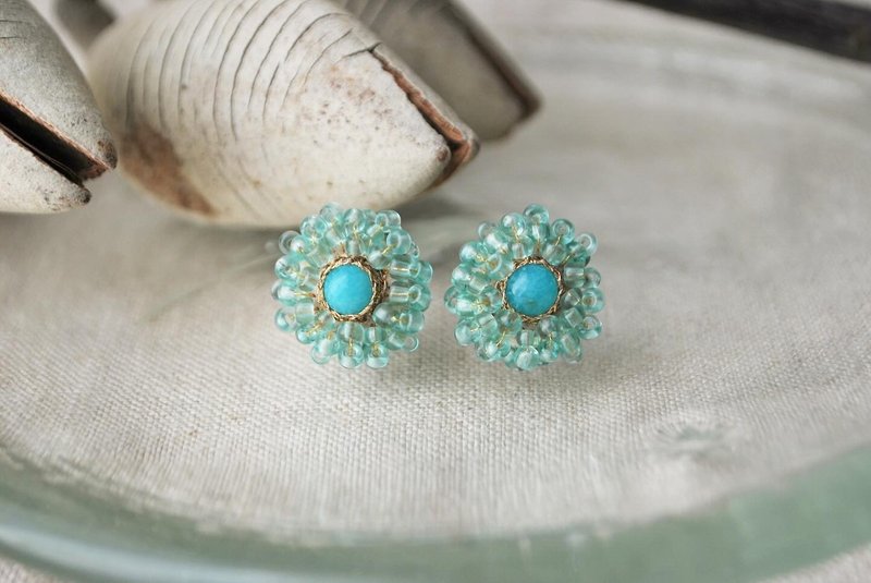 Amazonite and glass bead embroidered earrings - Earrings & Clip-ons - Stone Blue