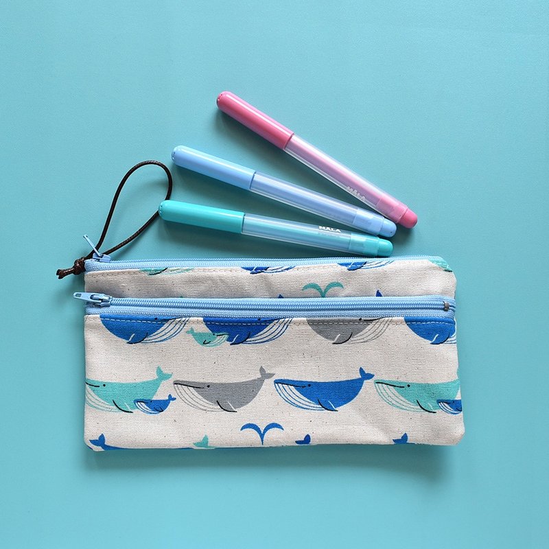 Flat pencil case with double compartments_Whale - กล่องดินสอ/ถุงดินสอ - ผ้าฝ้าย/ผ้าลินิน สีน้ำเงิน