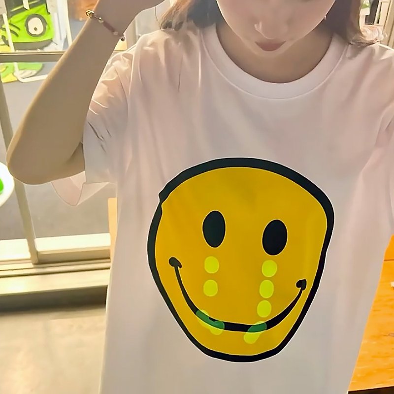 New laughter with tears luminous effect cotton T-shirt white short-sleeved round neck unisex couples for men and women - Women's T-Shirts - Cotton & Hemp White