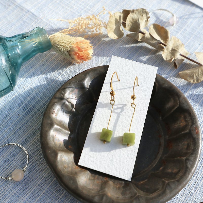 Small Dip Series - Matcha Cube Sugar Olive Jade - Earrings & Clip-ons - Copper & Brass Green