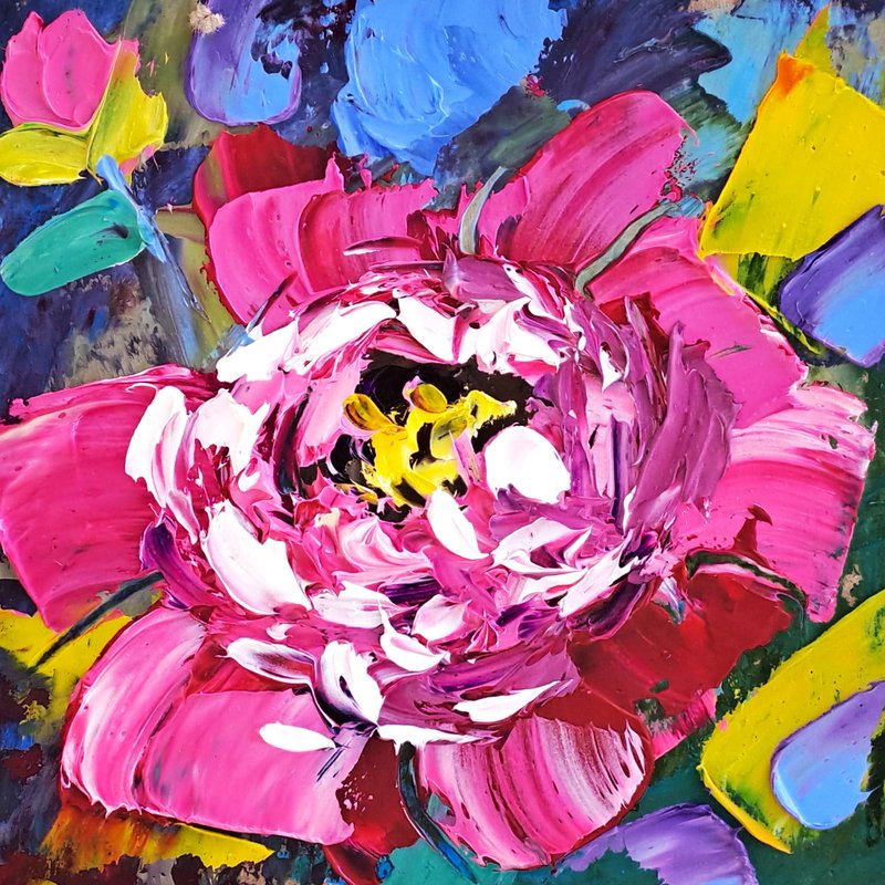 Peony Painting Floral Original Art Peonies Impasto Oil Painting Flowers Artwork - โปสเตอร์ - วัสดุอื่นๆ หลากหลายสี