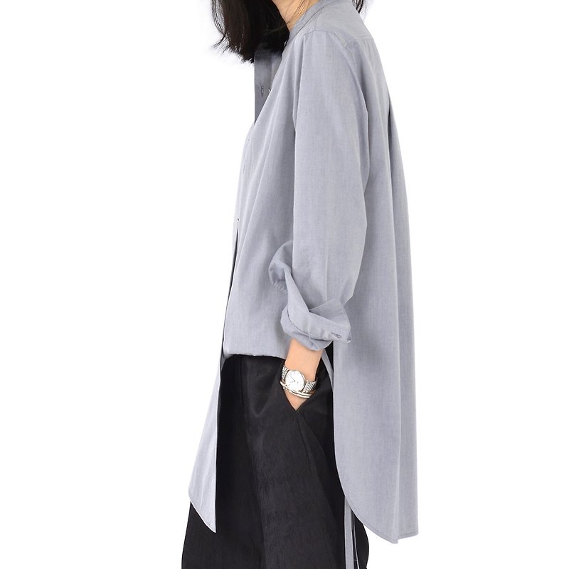 杲果GAOGUO原創設計女裝品牌 17新灰藍飄帶水袖中長立領廓形襯衫 - 恤衫 - 棉．麻 灰色