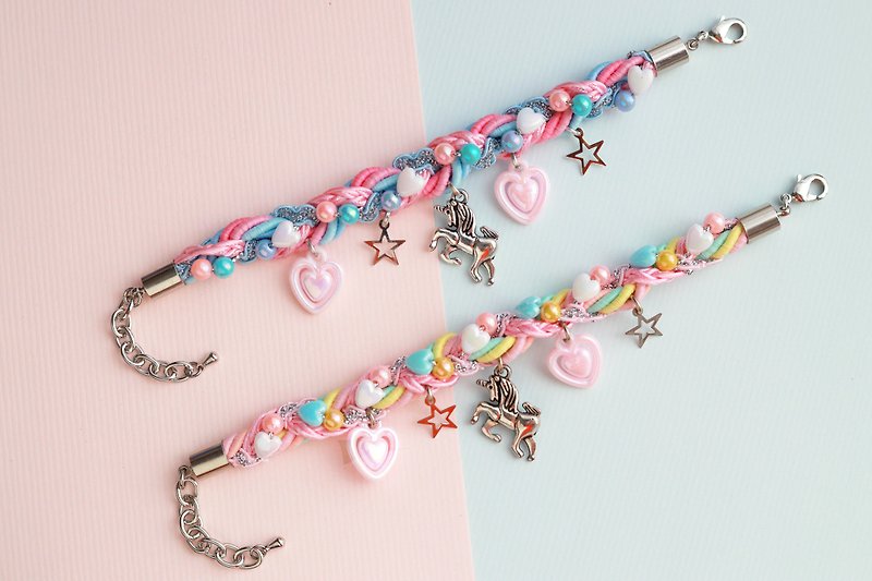 Pastel Unicorn braided bracelet - 手鍊/手鐲 - 其他材質 多色