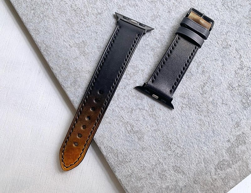 Hand-Dyeed Leather Apple Watch Strap Black Gold - สายนาฬิกา - หนังแท้ สีดำ
