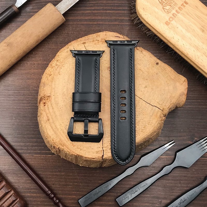 【Apple Watch Strap】Black Buttero | Luxury | Handmade Leather in Hong Kong - Watchbands - Genuine Leather Black