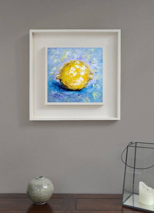 レモンオリジナル油絵、キッチン小さな静物、フルーツウォール