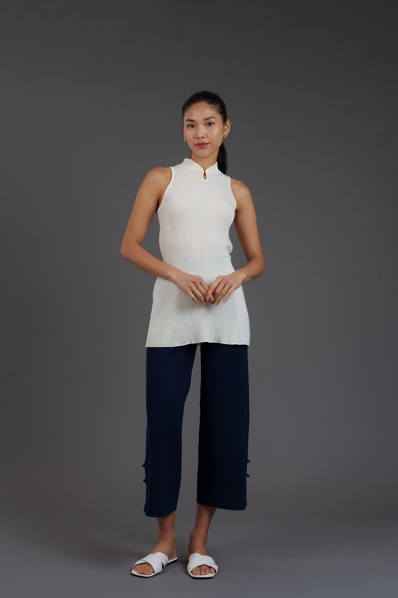 中式束腰針織旗袍背心 (白色) - 女裝 上衣 - 棉．麻 白色