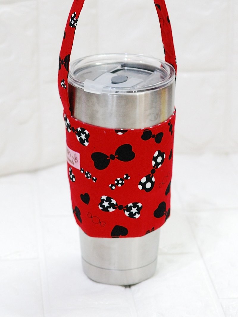 玩布手作。蝴蝶結(冰霸杯專用) 環保飲料提袋 杯套 - 水壺/水瓶 - 棉．麻 紅色
