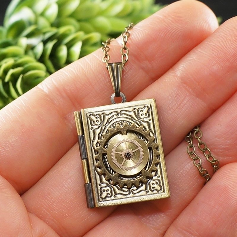 Steampunk Locket Necklace Watch Parts Gears Rectangle Pendant Necklace