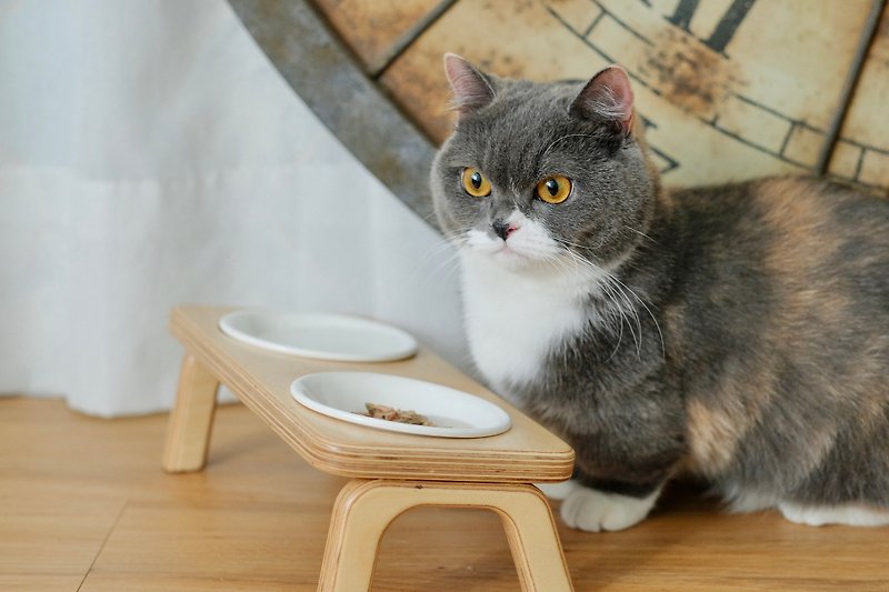 [S / Full Cat Dining Table] Single/Double Pet Solid Wood Dish Rack with Porcelain Plate - ชามอาหารสัตว์ - ไม้ สีกากี
