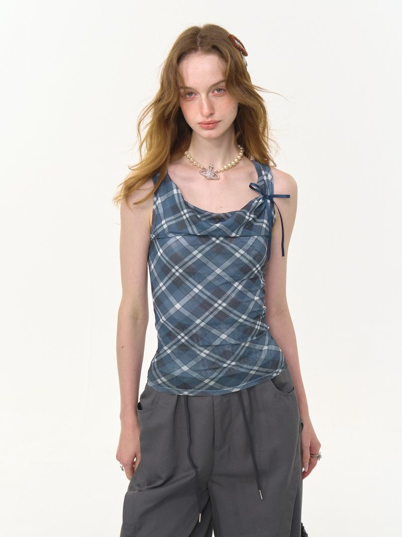 ziziFei 夏の新作 アメリカンヴィンテージデザイン チェック柄 スリムフィット スタイルアップ タータンチェック ドレープネック キャミソール レディース - ベスト - その他の素材 ブルー