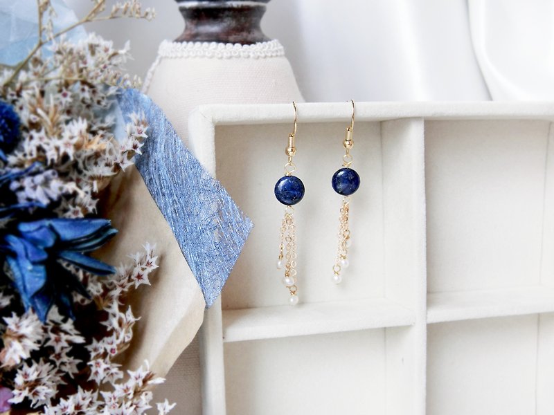 [Galaxy] Lapis Lazuli Pearl Sterling Silver Earrings - Earrings & Clip-ons - Gemstone Blue