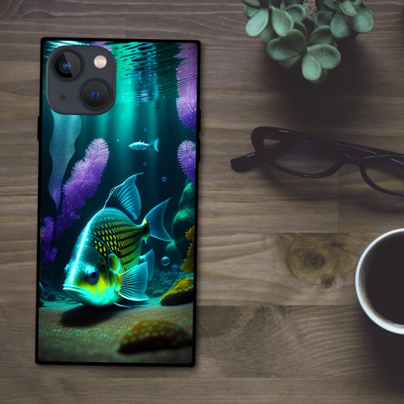 色鮮やかできらびやかに輝く神秘的な深海魚  スクエア型スマホケース【強化ガラス仕上げ】iPhone16 対応 - 手機殼/手機套 - 塑膠 多色