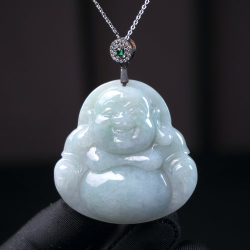 淡い緑の翡翠 弥勒仏ネックレス 925純銀ペンダントトップ | 天然