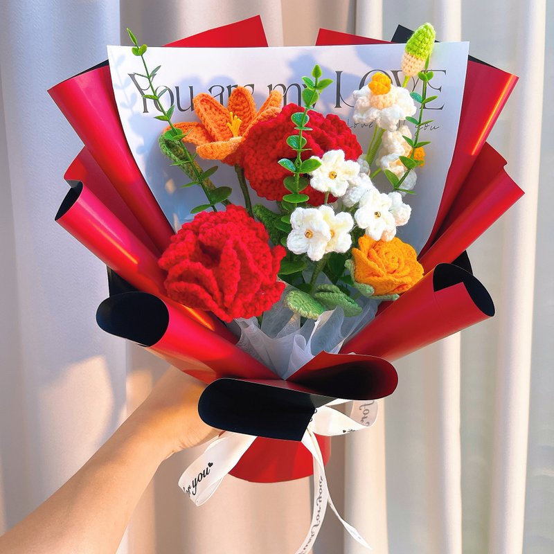 情人節禮盒  手作鉤織炙熱情意紅橘色系永生花束 - 乾燥花/永生花 - 棉．麻 