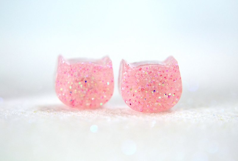 櫻花貓  貓貓頭 閃粉金粉 耳環/耳夾 C  - 耳環/耳夾 - 不鏽鋼 粉紅色