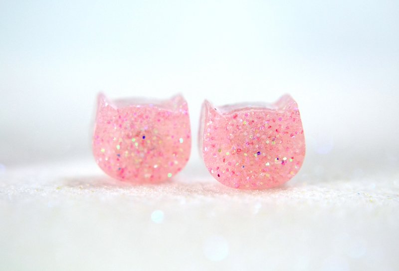 Cat Gold Glitter Surgical Steel earrings  - ต่างหู - สแตนเลส สึชมพู