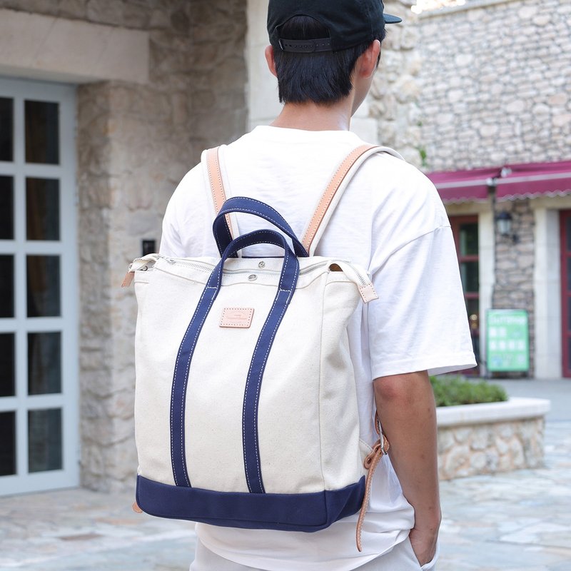 [Canvas meets leather] Handmade retro contrast color large capacity handbag casual bag blue - Backpacks - Cotton & Hemp Blue