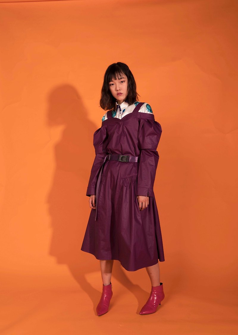 Strap neck slimming embroidery element purple dress - One Piece Dresses - Cotton & Hemp Purple