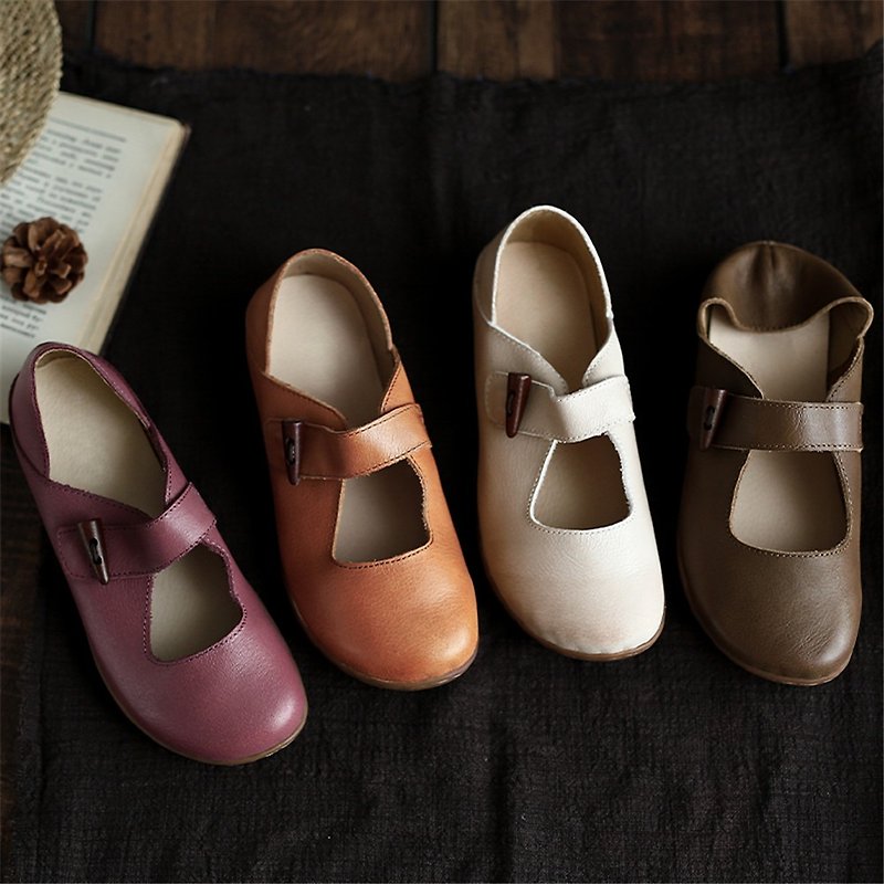 Round head doll shoes Japanese leather Sen women's shoes flat shoes - รองเท้าบัลเลต์ - หนังแท้ สีกากี