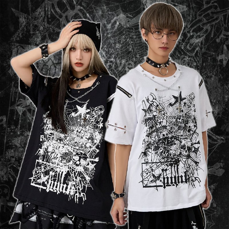 オリジナルパンクヴィジュアル系 ロストランド ジッパー アイアンリング 十字架 シルバーチェーン ユニセックス 半袖Tシャツ【JJ2422】 - Tシャツ メンズ - コットン・麻 オレンジ