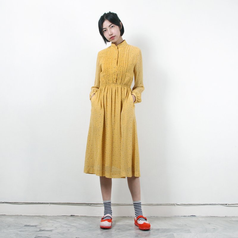 【蛋植物古着】橙黃印象印花長袖古著洋裝 - 洋裝/連身裙 - 聚酯纖維 黃色