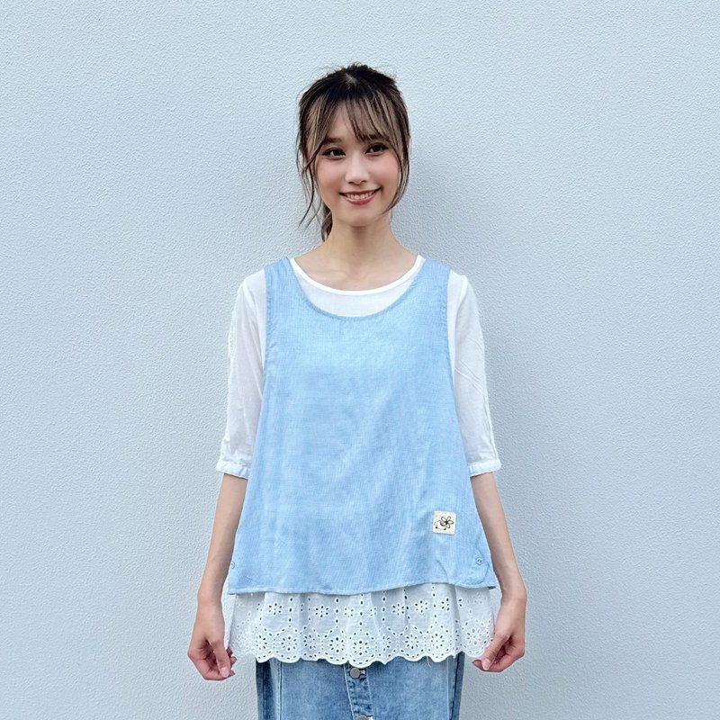 Hana Mokuba 圓領假兩件背心五分袖蕾絲上衣 - 女上衣/長袖上衣 - 其他材質 