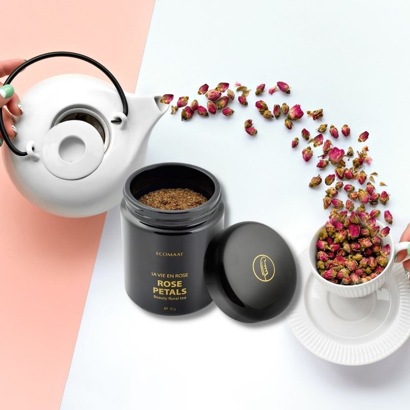 【萃取天然玫瑰花瓣】ECOMAAT 保加利亞大馬士革玫瑰花茶 50g - 茶葉/茶包/水果茶 - 玻璃 黑色