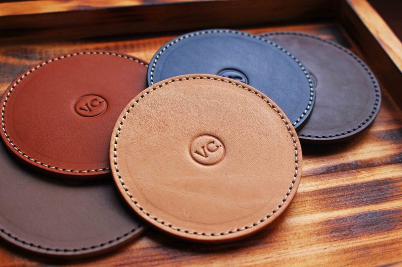 [VULCAN coaster two-piece] Italian vegetable tanned cow leather multicolor embossed bronzing wedding small thing - ที่รองแก้ว - หนังแท้ สีนำ้ตาล