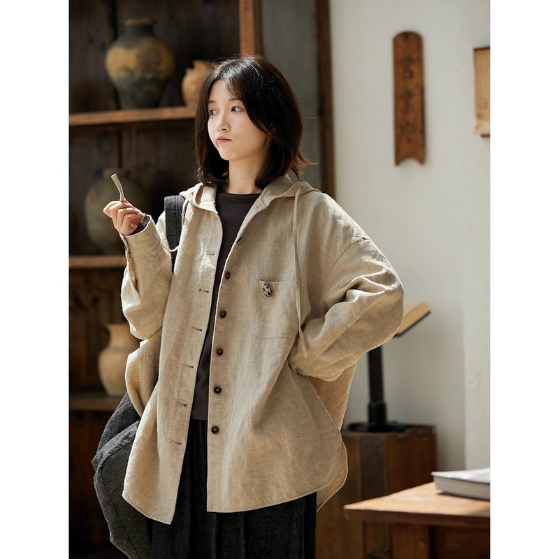 朴麻色亞麻羊毛開襟休閒連帽襯衫外套 - 女上衣/長袖上衣 - 棉．麻 