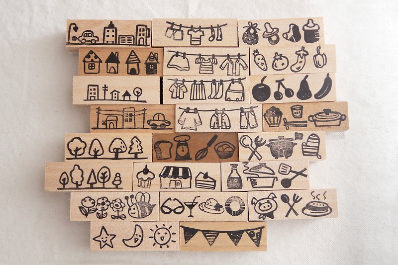 [Seal] continuous graphics (street / clothing / clothes drying / baking / cooking / summer / dessert / food / fruit / banner / plants / flowers / trees) handmade rubber stamp - ตราปั๊ม/สแตมป์/หมึก - ไม้ สีนำ้ตาล